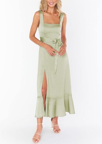 فستان نسائي من الساتان برقبة مربعة وظهر مكشوف وخصر عالٍ وكشكش على شكل حرف A وفتحة جانبية فساتين متوسطة الطول عتيقة in Kuwait