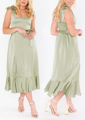 فستان نسائي من الساتان برقبة مربعة وظهر مكشوف وخصر عالٍ وكشكش على شكل حرف A وفتحة جانبية فساتين متوسطة الطول عتيقة in Kuwait