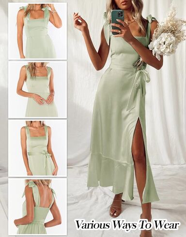 فستان نسائي من الساتان برقبة مربعة وظهر مكشوف وخصر عالٍ وكشكش على شكل حرف A وفتحة جانبية فساتين متوسطة الطول عتيقة in Kuwait