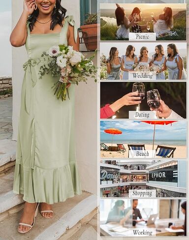 فستان نسائي من الساتان برقبة مربعة وظهر مكشوف وخصر عالٍ وكشكش على شكل حرف A وفتحة جانبية فساتين متوسطة الطول عتيقة in Kuwait