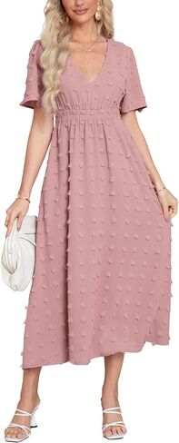 Simplee Womens Boho Maxi Dress Summer Wedding Guest Short Sleeve V Neck Swiss Dot Flowy Dresses in Kuwait