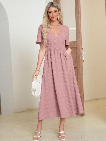 Simplee Womens Boho Maxi Dress Summer Wedding Guest Short Sleeve V Neck Swiss Dot Flowy Dresses in Kuwait