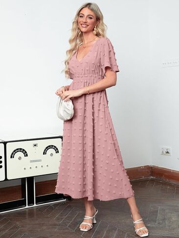 Simplee Womens Boho Maxi Dress Summer Wedding Guest Short Sleeve V Neck Swiss Dot Flowy Dresses in Kuwait