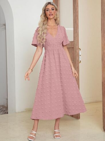 Simplee Womens Boho Maxi Dress Summer Wedding Guest Short Sleeve V Neck Swiss Dot Flowy Dresses in Kuwait