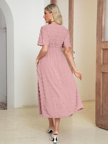 Simplee Womens Boho Maxi Dress Summer Wedding Guest Short Sleeve V Neck Swiss Dot Flowy Dresses in Kuwait