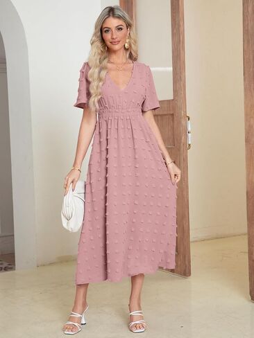 Simplee Womens Boho Maxi Dress Summer Wedding Guest Short Sleeve V Neck Swiss Dot Flowy Dresses in Kuwait