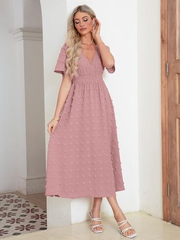 Simplee Womens Boho Maxi Dress Summer Wedding Guest Short Sleeve V Neck Swiss Dot Flowy Dresses in Kuwait