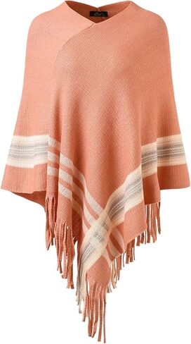 بلوفر نسائي مخطط، سترة بونشو ذات شراشيب، لفافة شال للملابس الرسمية والعادية in Kuwait