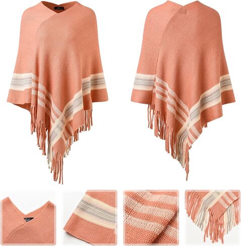 بلوفر نسائي مخطط، سترة بونشو ذات شراشيب، لفافة شال للملابس الرسمية والعادية in Kuwait