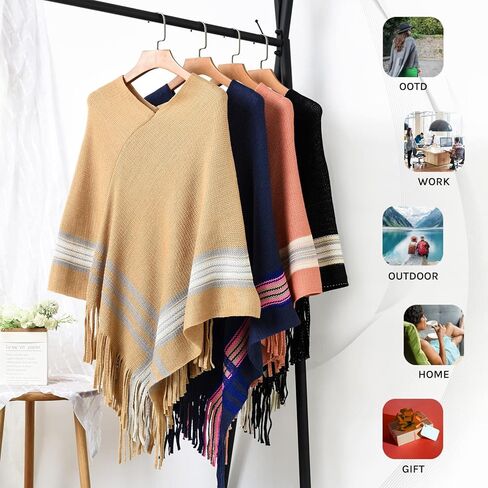 بلوفر نسائي مخطط، سترة بونشو ذات شراشيب، لفافة شال للملابس الرسمية والعادية in Kuwait