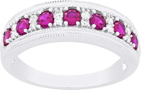.925 Sterling Silver, Lab-Grown Gemstone & Lab-Grown White Sapphire Alternating Stone Milgrain Band-Style Statement Ring - Choice of Gemstone Color in Saudi Arabia