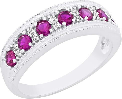 .925 Sterling Silver, Lab-Grown Gemstone & Lab-Grown White Sapphire Alternating Stone Milgrain Band-Style Statement Ring - Choice of Gemstone Color in Saudi Arabia