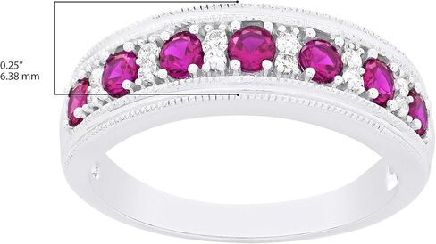 .925 Sterling Silver, Lab-Grown Gemstone & Lab-Grown White Sapphire Alternating Stone Milgrain Band-Style Statement Ring - Choice of Gemstone Color in Saudi Arabia