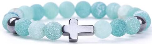 Azusa الشمس الدين الصليب الحجر الطبيعي الخرز تمتد أساور للنساء الرجال 8MM الخرزة الصليب مطاطا الصلاة سوار الصداقة عيد الحب عيد ميلاد مجوهرات هدية in Kuwait