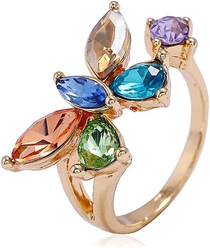 CZ Butterfly Open Band Ring for Women Girls Gold Plated Cubic Zirconia Statement Adjustable Expandable Colorful Crystal Finger Rings Comfort Fit Dainty Birthday Wedding Anniversary Jewelry Gift in Saudi Arabia