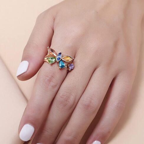 CZ Butterfly Open Band Ring for Women Girls Gold Plated Cubic Zirconia Statement Adjustable Expandable Colorful Crystal Finger Rings Comfort Fit Dainty Birthday Wedding Anniversary Jewelry Gift in Saudi Arabia
