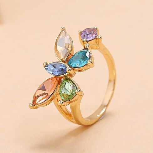 CZ Butterfly Open Band Ring for Women Girls Gold Plated Cubic Zirconia Statement Adjustable Expandable Colorful Crystal Finger Rings Comfort Fit Dainty Birthday Wedding Anniversary Jewelry Gift in Saudi Arabia