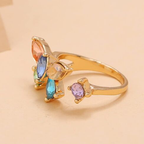 CZ Butterfly Open Band Ring for Women Girls Gold Plated Cubic Zirconia Statement Adjustable Expandable Colorful Crystal Finger Rings Comfort Fit Dainty Birthday Wedding Anniversary Jewelry Gift in Saudi Arabia