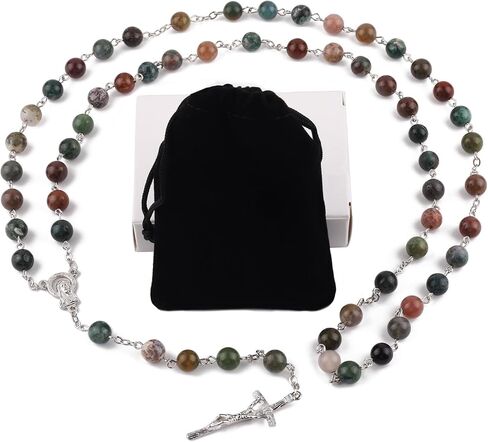 الكاثوليكية الحجر الطبيعي عقد خرز طول 23.5 بوصة الفضة الصليب 8 مللي متر الهند العقيق الصلاة يبارك الخرز مع شنطة هدايا مخملية in Kuwait