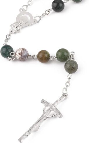 الكاثوليكية الحجر الطبيعي عقد خرز طول 23.5 بوصة الفضة الصليب 8 مللي متر الهند العقيق الصلاة يبارك الخرز مع شنطة هدايا مخملية in Kuwait