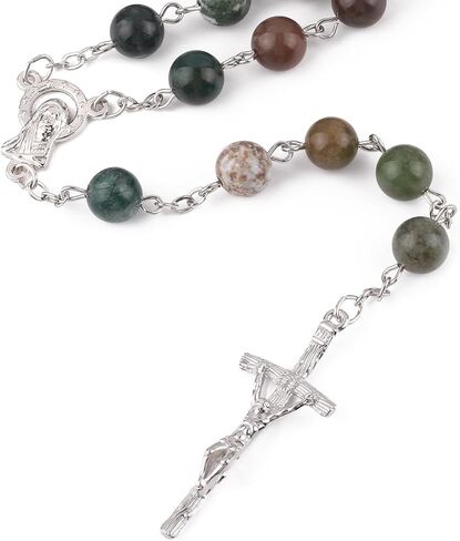 الكاثوليكية الحجر الطبيعي عقد خرز طول 23.5 بوصة الفضة الصليب 8 مللي متر الهند العقيق الصلاة يبارك الخرز مع شنطة هدايا مخملية in Kuwait