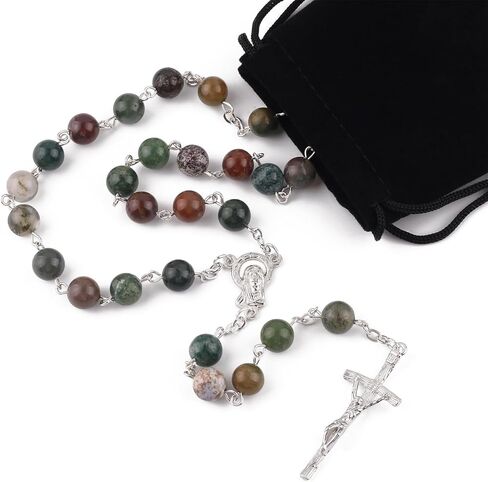 الكاثوليكية الحجر الطبيعي عقد خرز طول 23.5 بوصة الفضة الصليب 8 مللي متر الهند العقيق الصلاة يبارك الخرز مع شنطة هدايا مخملية in Kuwait