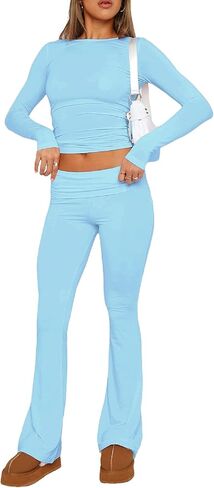 Women Y2k 2 Piece Pants Sets Long Sleeve Crop Tops Low Waist Stretchy Pants Slim Fit Lounge Set Sleepwear in Saudi Arabia