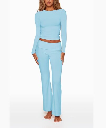 Women Y2k 2 Piece Pants Sets Long Sleeve Crop Tops Low Waist Stretchy Pants Slim Fit Lounge Set Sleepwear in Saudi Arabia