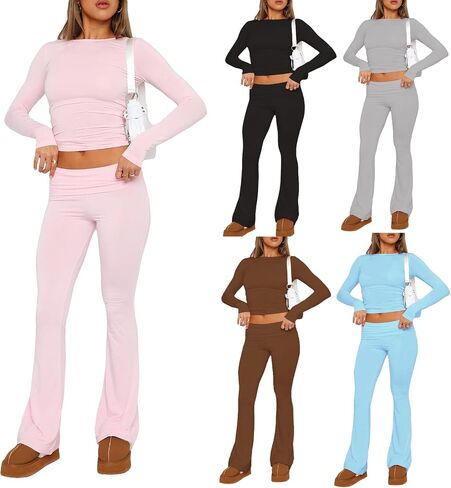 Women Y2k 2 Piece Pants Sets Long Sleeve Crop Tops Low Waist Stretchy Pants Slim Fit Lounge Set Sleepwear in Saudi Arabia