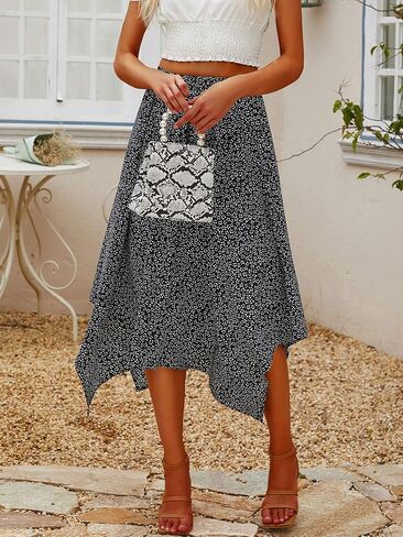 Hibluco Women's Midi Skirt High Waist Asymmetrical Floral Skirt Boho Skirts in Saudi Arabia