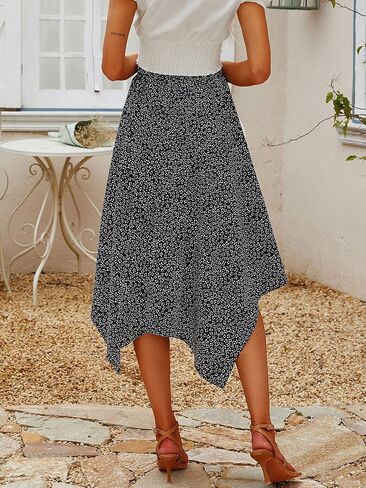 Hibluco Women's Midi Skirt High Waist Asymmetrical Floral Skirt Boho Skirts in Saudi Arabia