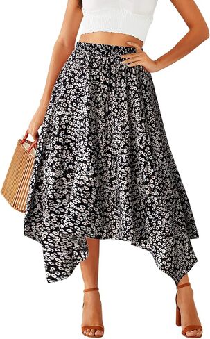 Hibluco Women's Midi Skirt High Waist Asymmetrical Floral Skirt Boho Skirts in Saudi Arabia