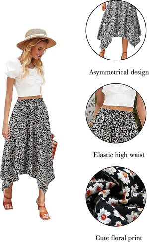 Hibluco Women's Midi Skirt High Waist Asymmetrical Floral Skirt Boho Skirts in Saudi Arabia
