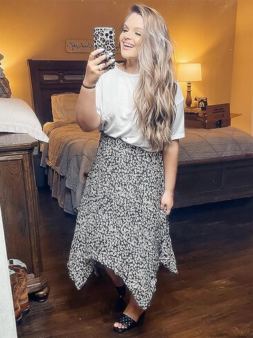 Hibluco Women's Midi Skirt High Waist Asymmetrical Floral Skirt Boho Skirts in Saudi Arabia