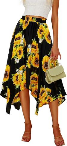 Hibluco Women's Midi Skirt High Waist Asymmetrical Floral Skirt Boho Skirts in Saudi Arabia