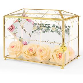 Golden Frame Clear Glass Card Box with Slot and Lock, 10.3" wedding card boxes for reception, Hand-made Gift Card Box for Wedding, Birthday, Parties, Ideal Gift/Home Decoration