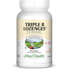 Maxi Health Triple B Lozenges - Vitamin B12 & B6 & Biotin - Strawberry Flavor - 180 Chewies - Kosher