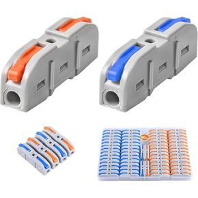 Wire Connectors Nuts,50pcs 2 Conductor Compact Splicing Wire Connectors, 2 in 2 Out Lever Wire Nut Electrical Connectors, 2 Circuit Inline Splices 28-12 AWG, SPL-2