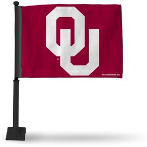 Rico Industries NCAA Oklahoma Sooners Black Pole Car Flag W' Black Pole Double Sided Car Flag - 16" x 19" - Strong Pole that Hooks Onto Car/Truck/Automobile