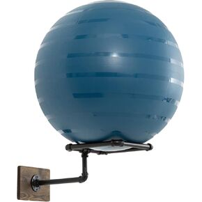 MyGift Wall Mounted Stability Ball Rack, Yoga and Exercise Ball Holder Stand with Industrial Metal Pipe and Burnt Wood