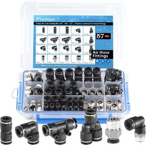 57 Pcs 1/4 3/8 1/2 Inch od Push to Connect Fittings Kit Air Line Fittings Air Line Pneumatic Fittings with NPT Thread Fitting Quick Release Pneumatic Connectors (57Pcs PBT Plastic & Copper)
