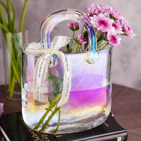 NiHome Iridescent Glass Purse Vase, Glass Handbag Vase for Flowers, Wide Mouth Glass Vase for Home Décor, Weddings, Birthdays, Durable Thickened Handle & Silk Ribbon Bow, Versatile Use as Fishbowl