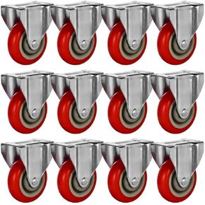 12 Pack 2" Caster Wheels On Red Polyurethane Wheels Top Plate Non Swivel Rigid Fixed Stationery