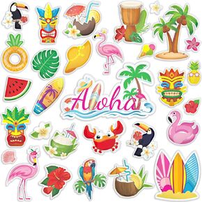gisgfim Summer Window Clings Hawaiian Aloha Thick Plastic Clings Summer Decals 3D Hawaiian Tropic Plastic Sticker Decorations for Toddler Home Classroom Hawaii Party Supplies Refrigerator Door