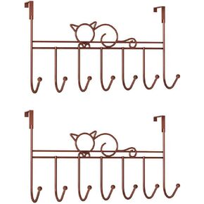 2 Pack Over Door Hanger with 7 Hooks, Metal Over The Door Towel Hook, Decorative Overdoor Organizers Cat（Brown）