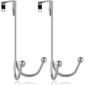 2Packs Over The Door Double Hanger Hooks - 11inch Overlength (Silver)