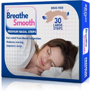 Breathe Smooth Premium Nasal Strip Original Large | Instantly Relieves Nasal Congestion | Helps Reduce Snoring | Drug-Free Increase Air-Flow | Safe and Effective | 30 Strips | Size - 66mm X 19mm