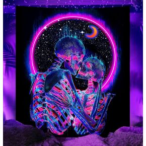 TUGCAY Blacklight Skull Tapestry Glow in the Dark Tapestry Kissing Lovers Tapestries Skeleton Neon Trippy Moon Stars Vertical Posters Wall Hanging Decor for Bedroom Aesthetic – 29.9" x 39.4"