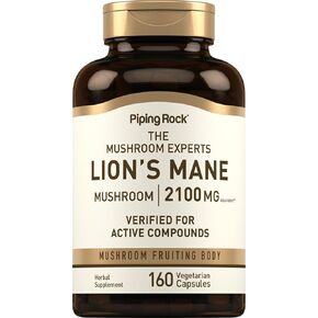 Piping Rock Lions Mane Supplement Capsules | 2100mg | 160 Count | Vegetarian, Non GMO & Gluten Free Extract