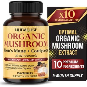 Organic Mushroom 10-in-1 Formula - with Lion's Mane, Cordyceps Reishi, Shiitake, Maitake, Chaga, Non-GMO, Gluten-Free, Soy-Free (150 Count (Pack of 1))